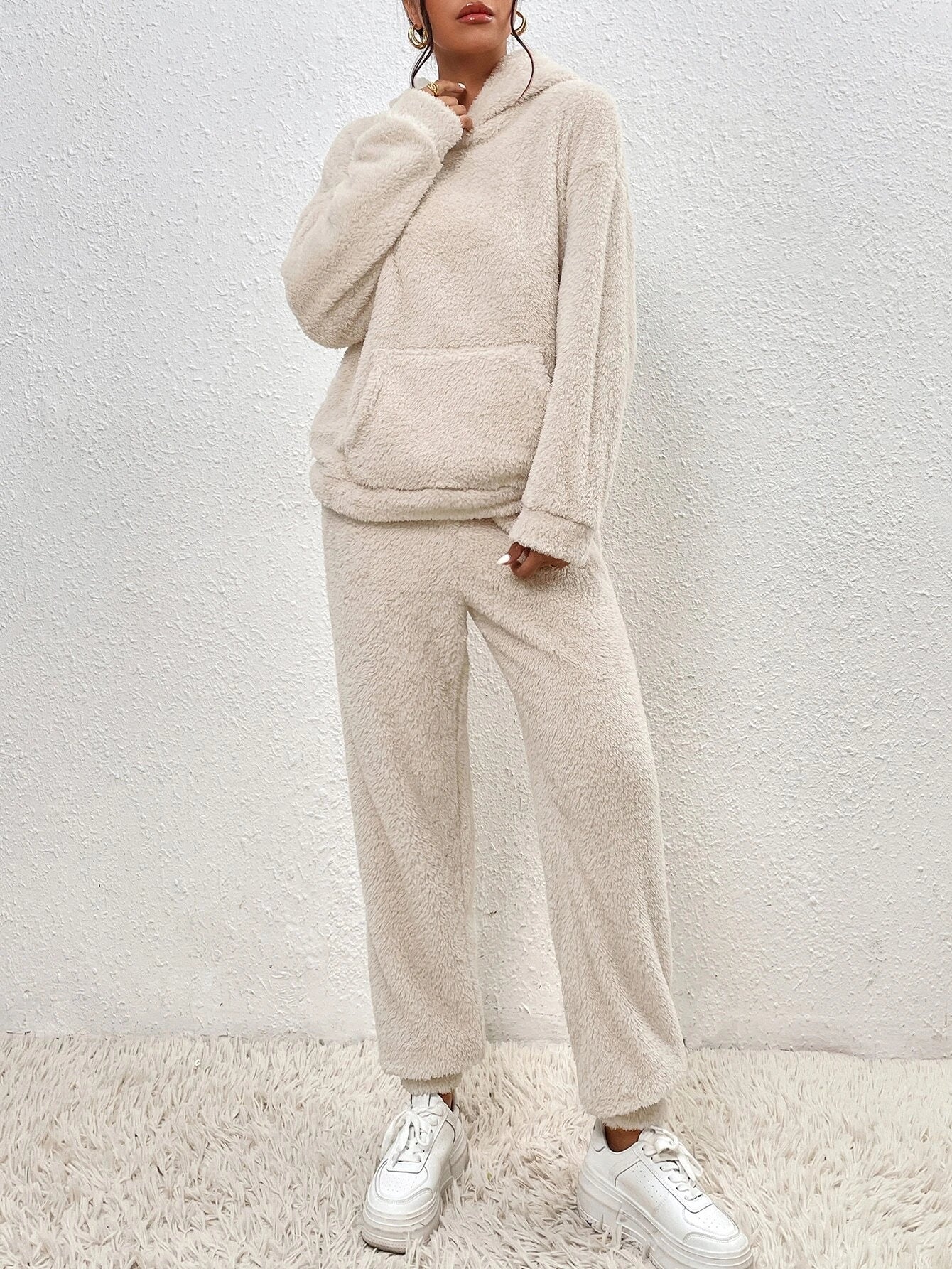 Fall Frenchy Drop Shoulder Kangaroo Pocket Teddy Hoodie & Pants