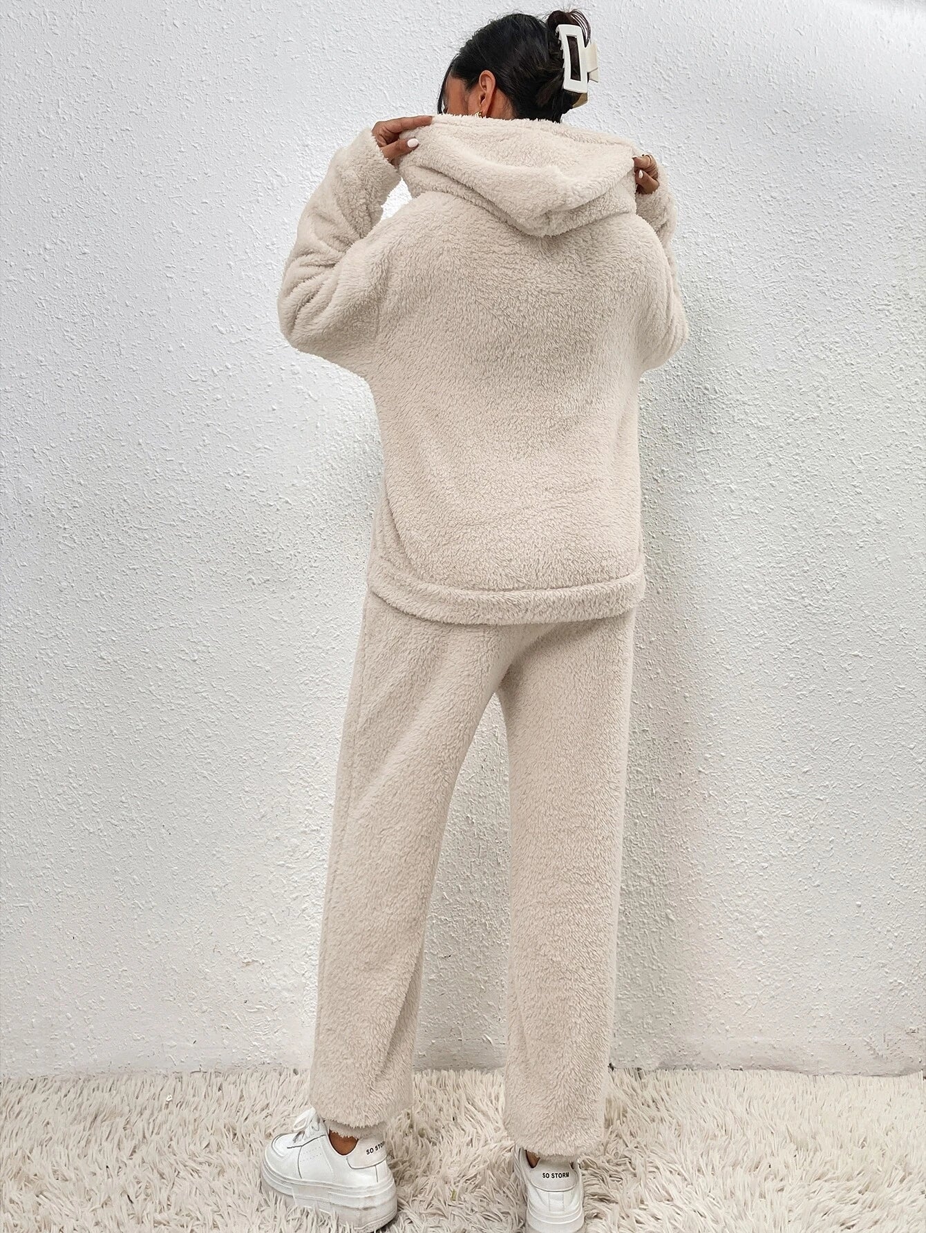 Fall Frenchy Drop Shoulder Kangaroo Pocket Teddy Hoodie & Pants