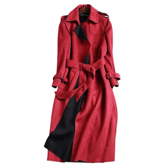 2023 New Autumn Suede Trench Coat Women Abrigo Mujer Long Elegant Outwear Female Overcoat Slim Red Suede Cardigan Trench C3487