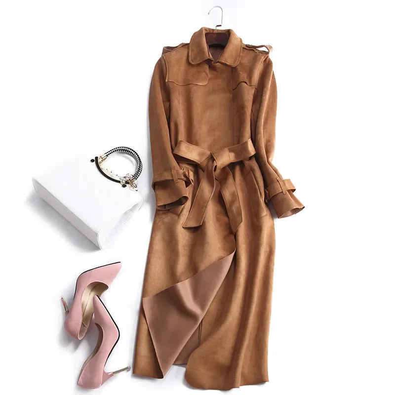 2023 New Autumn Suede Trench Coat Women Abrigo Mujer Long Elegant Outwear Female Overcoat Slim Red Suede Cardigan Trench C3487